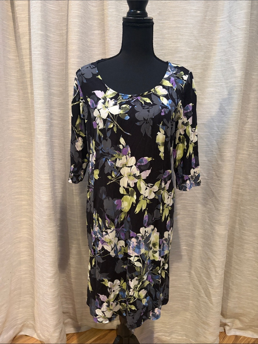 J. Jill Scoop-Neck Midi Dress in Black with Green & Purple Floral